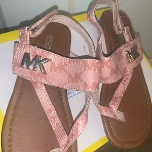 Michael Kors Girls' Pink MK Logo T-Strap Sandals with Metallic Logo